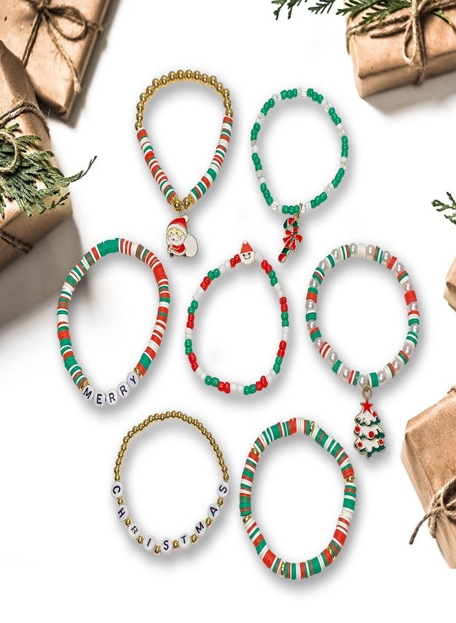 BuQueHM 7 Pcs Christmas Bracelets Heishi Surfer Bracelet Beaded Rainbow Vinyl Disc Bead Surfer Stretch Bracelet Christmas Gifts for Women Soft Clay Pearl Jewelry for Women Holidays Christmas Supplies - Image 3